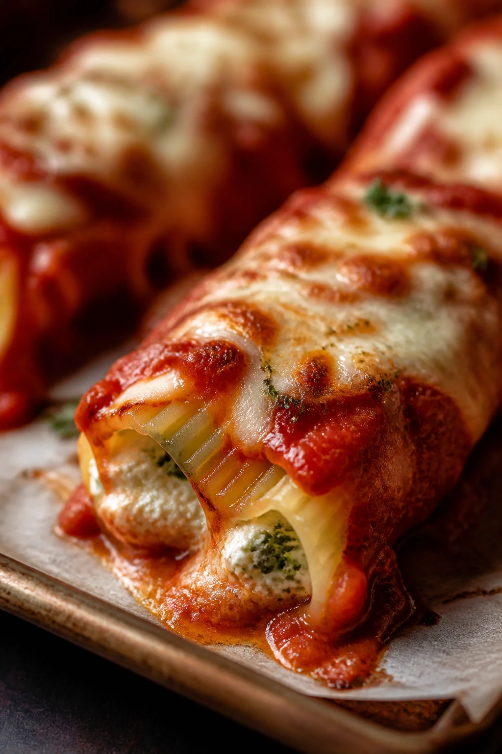 Close-up of a baked manicotti with melted cheese and sauce