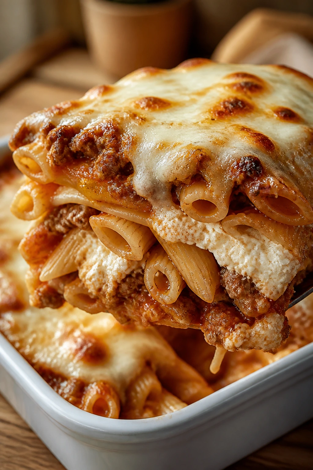 Slice of baked pasta with beef and cottage cheese