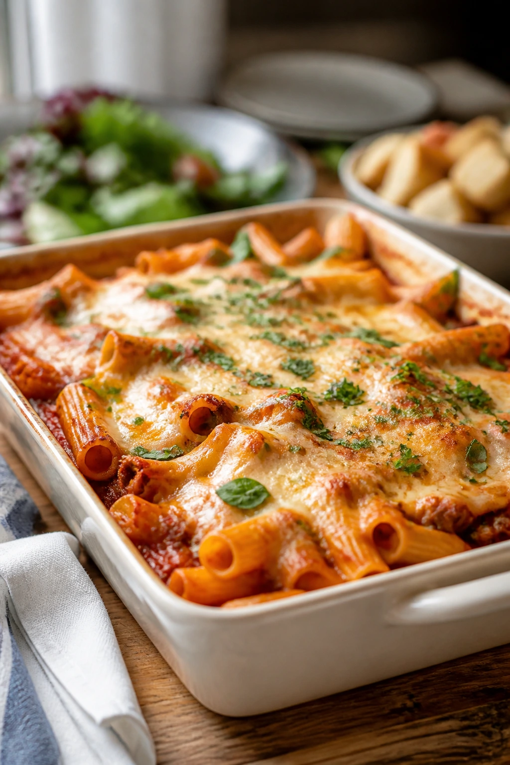 Large baked pasta casserole on a wooden table with herbs.