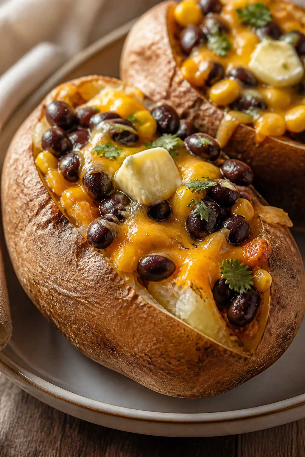Split baked potato filled with black beans and cheddar