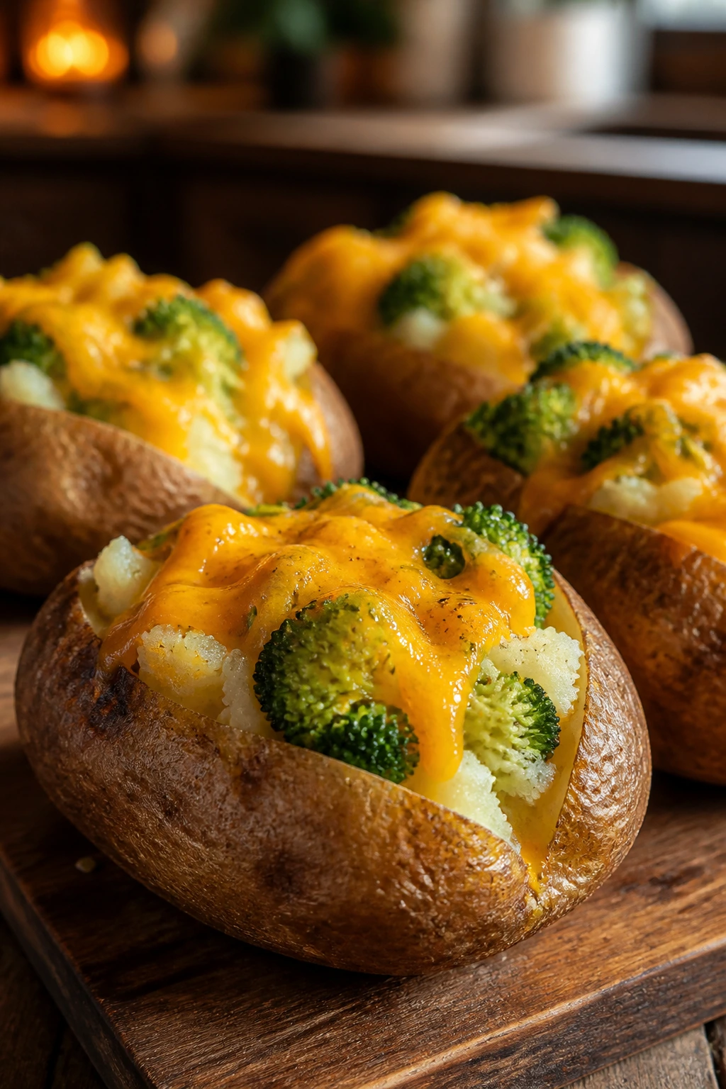 Close-up of loaded baked potatoes with broccoli and cheddar on a wooden board.