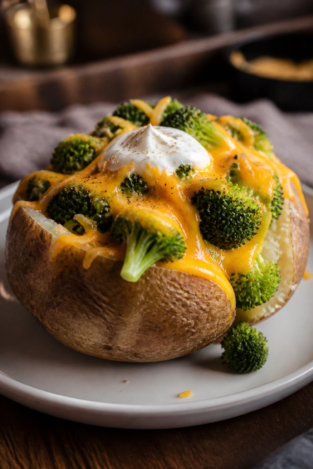 Close-up baked potato with broccoli and cheddar on plate