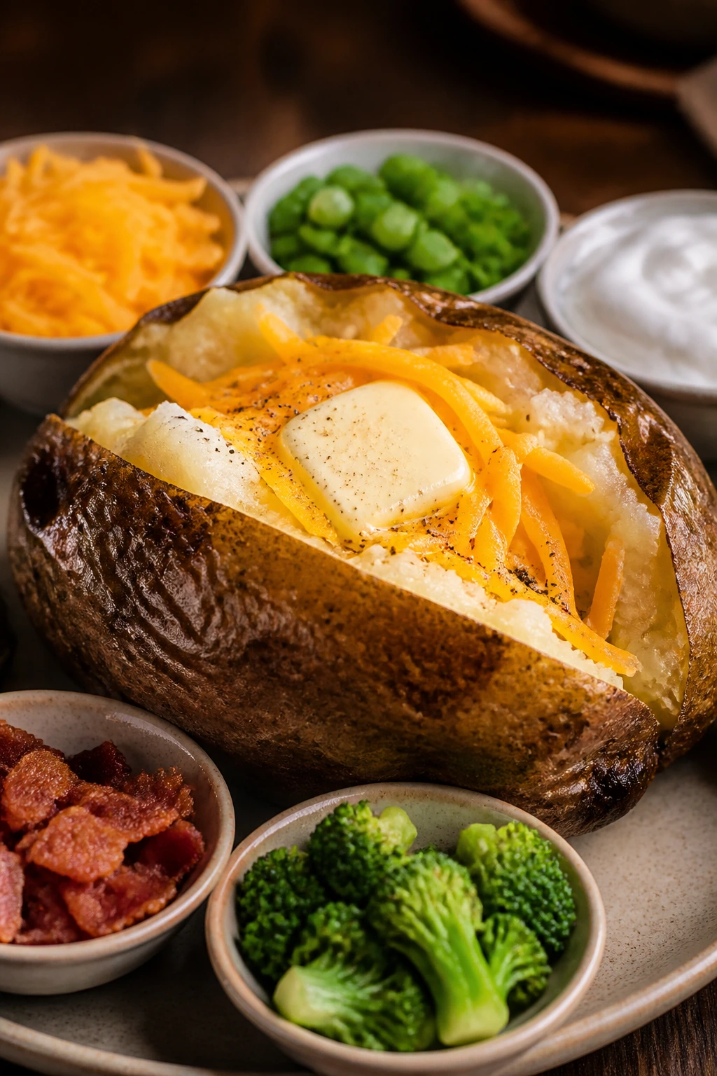 Baked potato with cheddar, butter, and toppings on plate