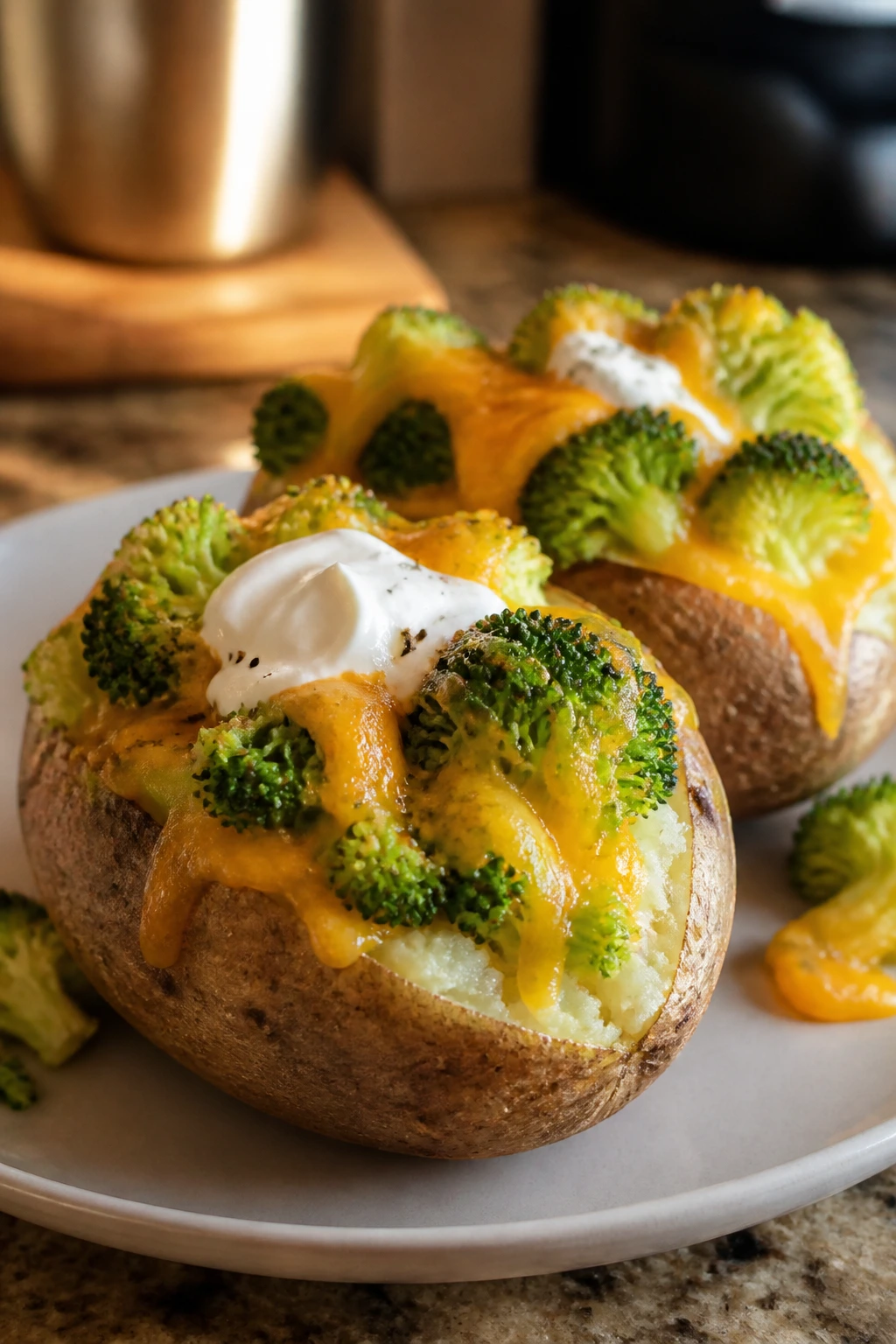 Loaded baked potato with broccoli and cheese on plate