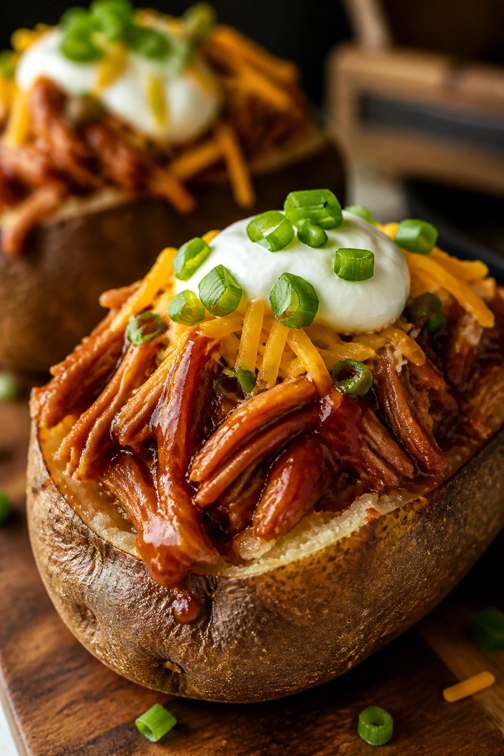 Russet potato loaded with pork and toppings on a rustic surface