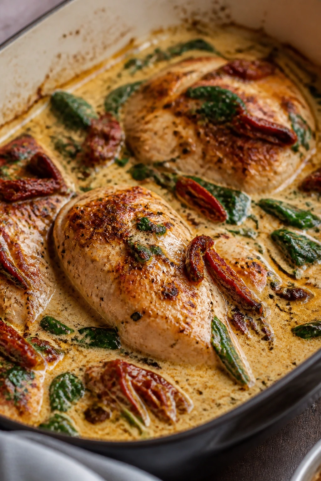 Juicy baked Tuscan chicken with sun-dried tomatoes and spinach on a plate