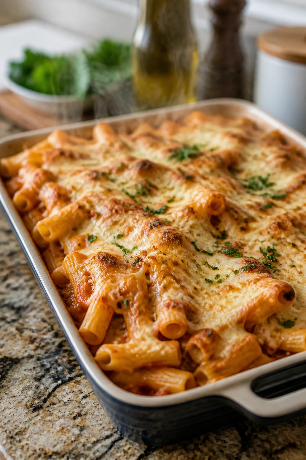 Close-up of a steaming baked ziti casserole on a kitchen counter