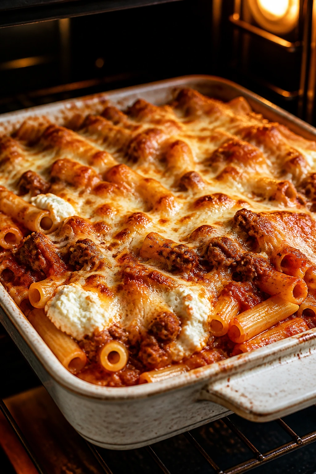 Baked ziti with ground beef and ricotta, bubbling cheese top