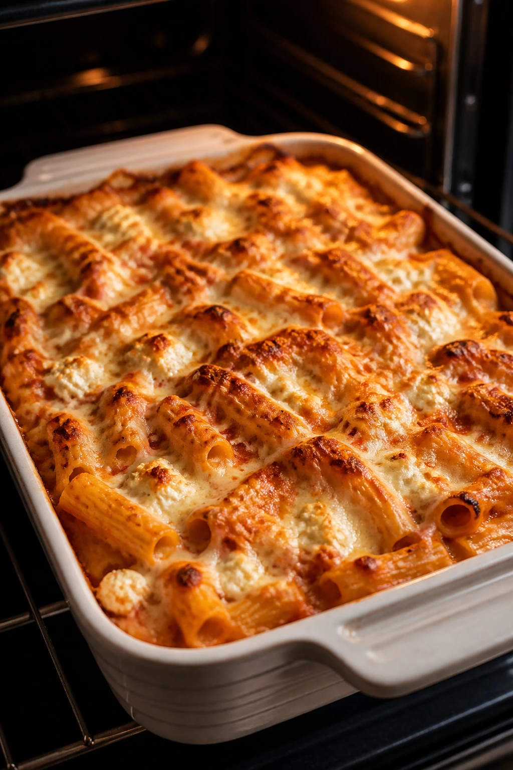 Baked ziti with cottage cheese bubbling in a 9x13 dish