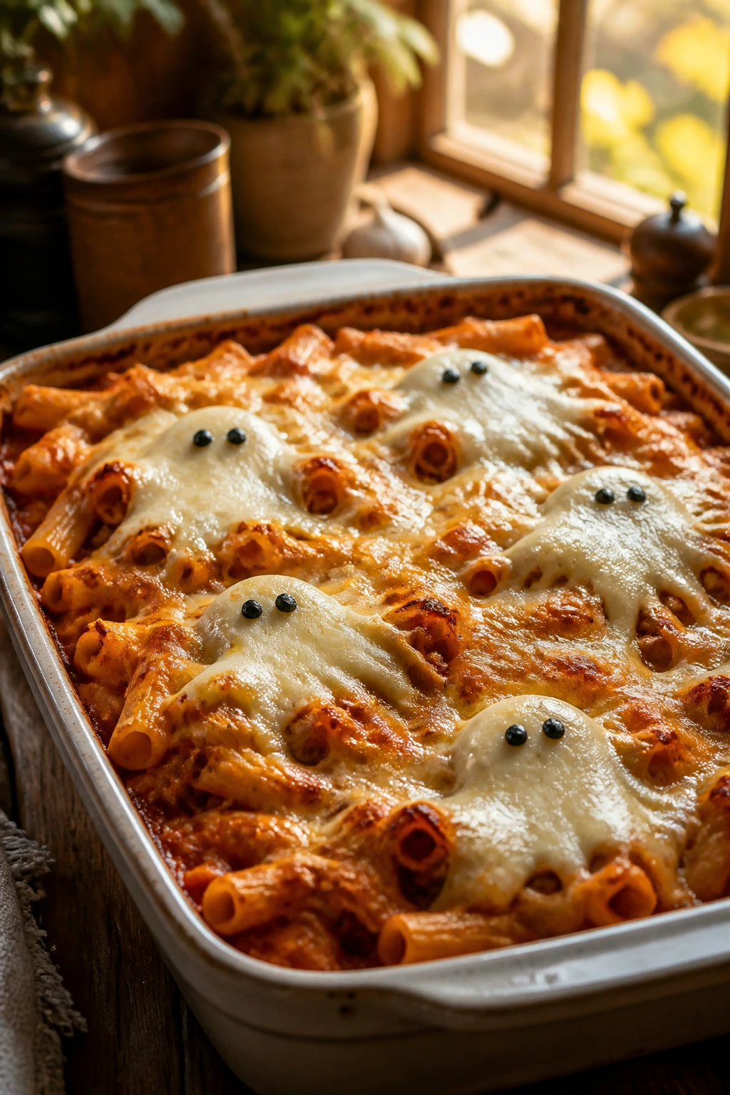 Close-up of baked ziti casserole topped with mozzarella ghost shapes and golden crust