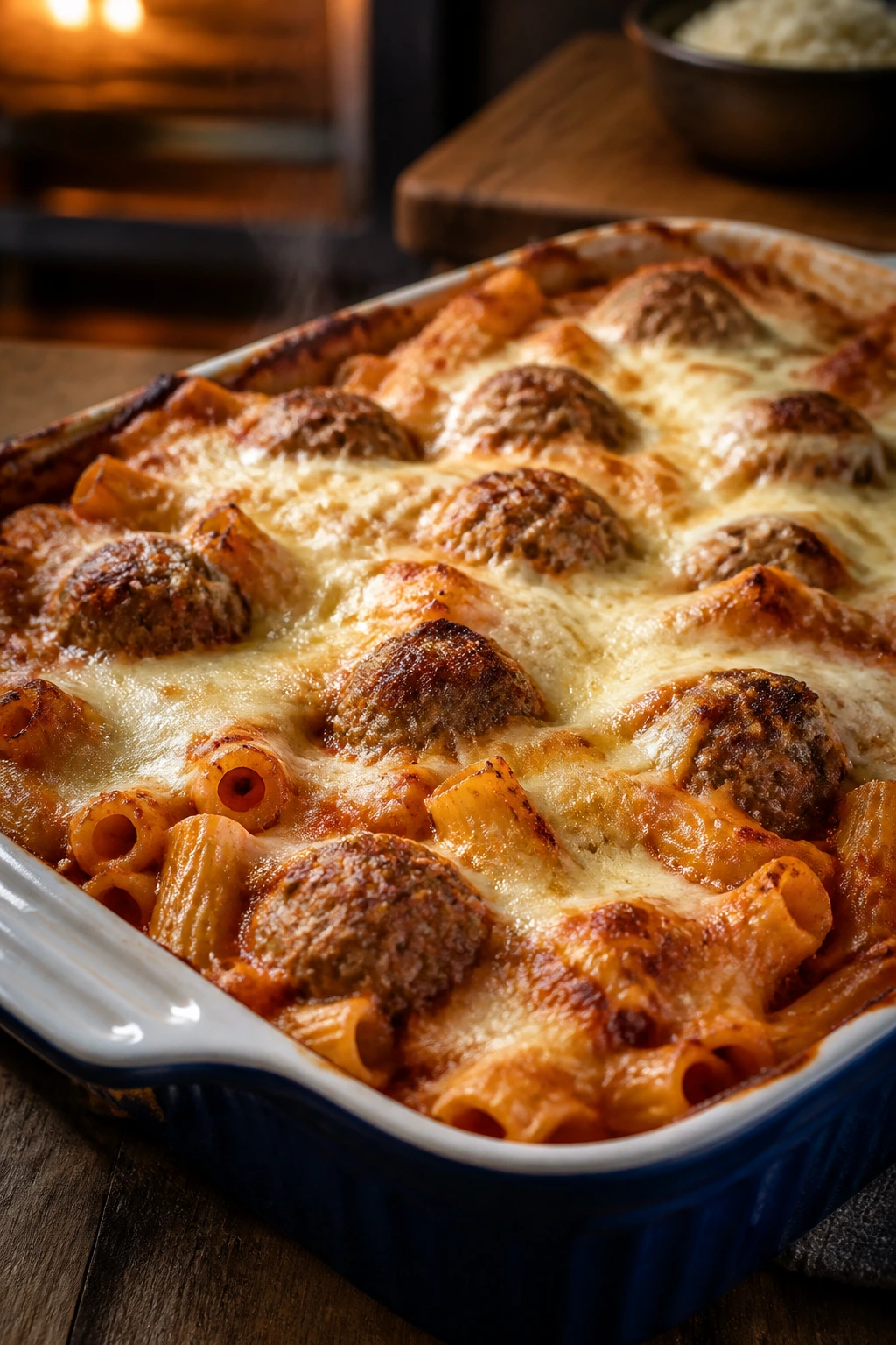 Close-up of a bubbling baked ziti with meatballs and browned cheese in a casserole dish