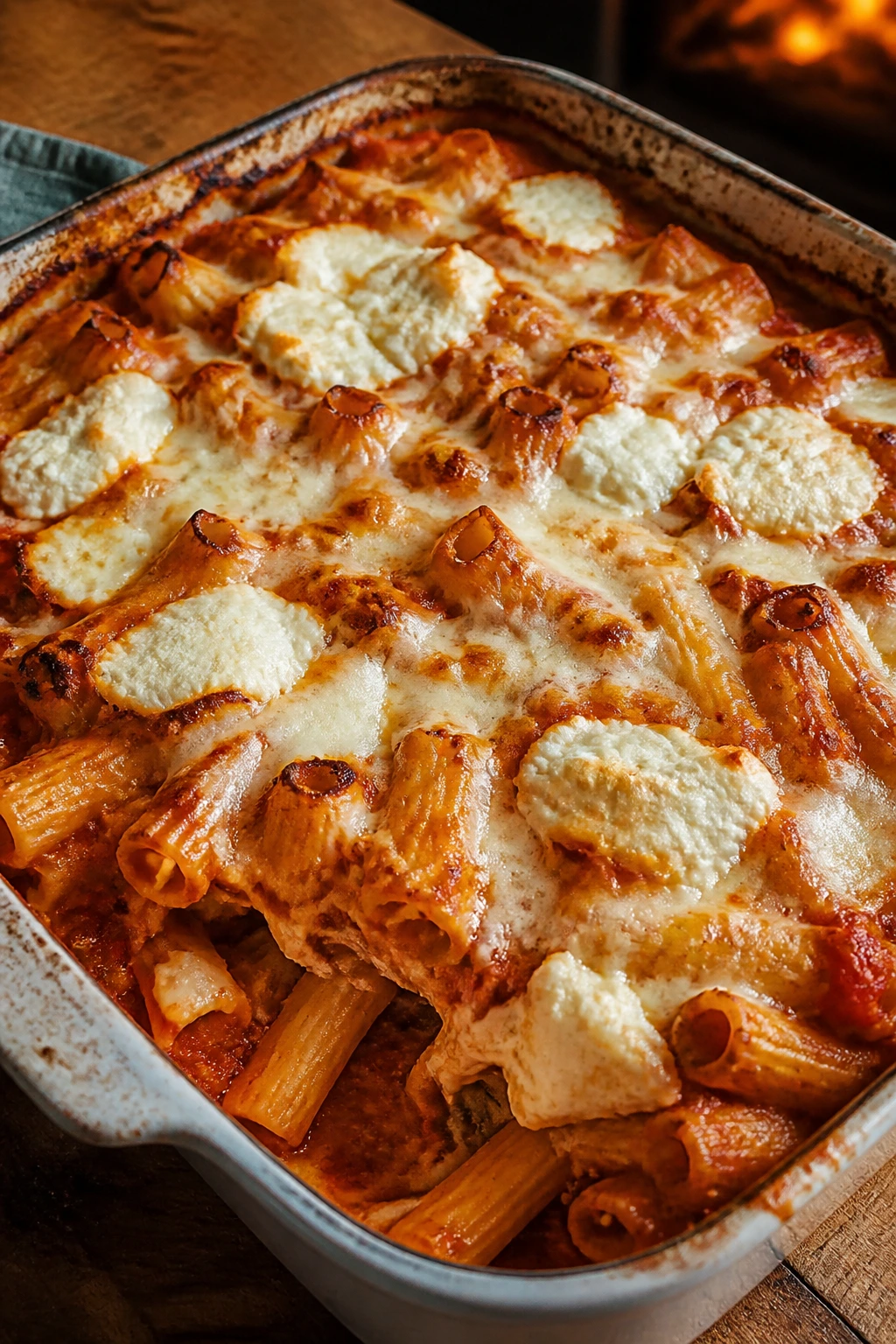 Baked ziti in bubbling pan with mozzarella and ricotta