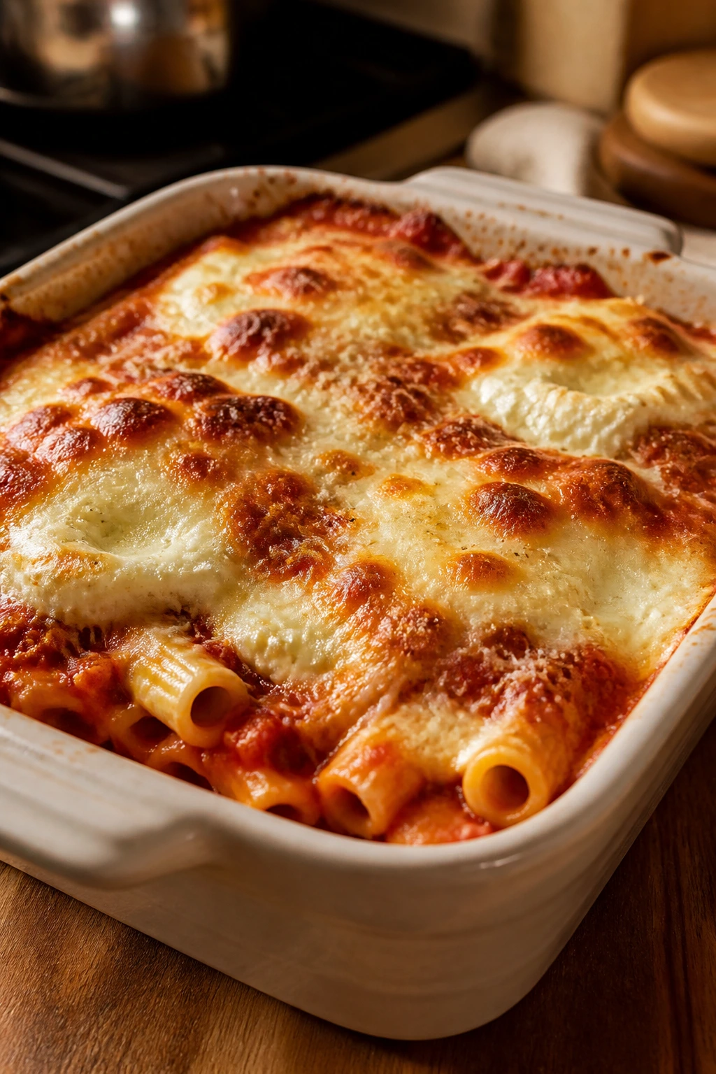 Close-up of baked ziti in a small baking dish with melted cheese.