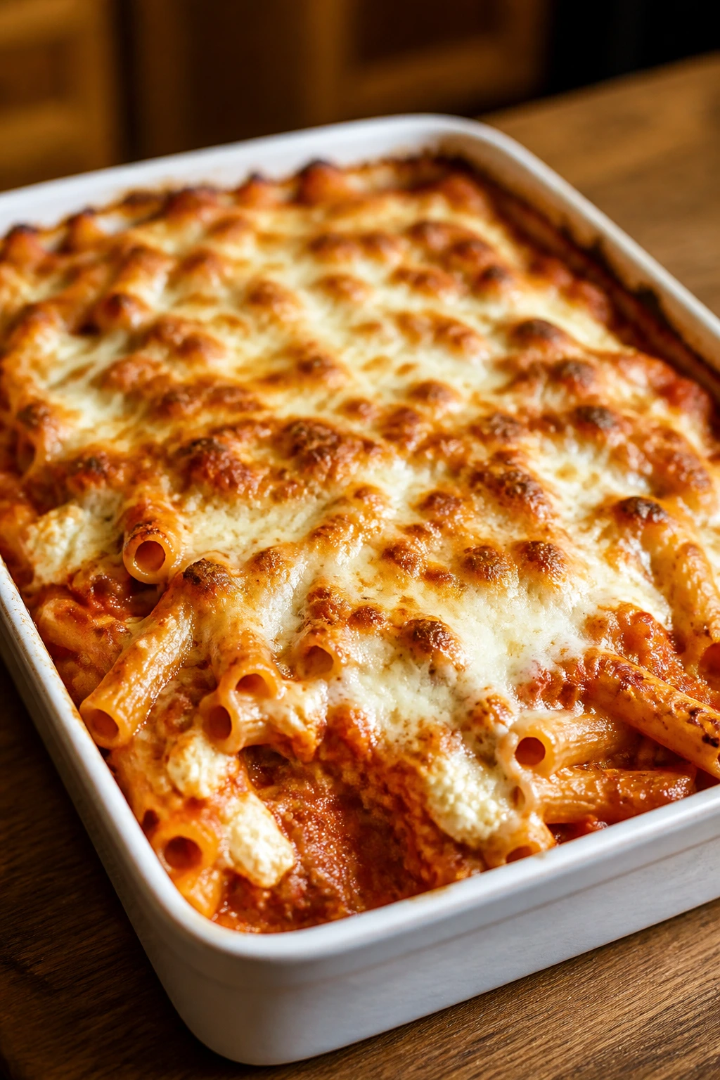 Close-up of Baked Ziti with Ricotta and Mozzarella bubbling in a casserole dish