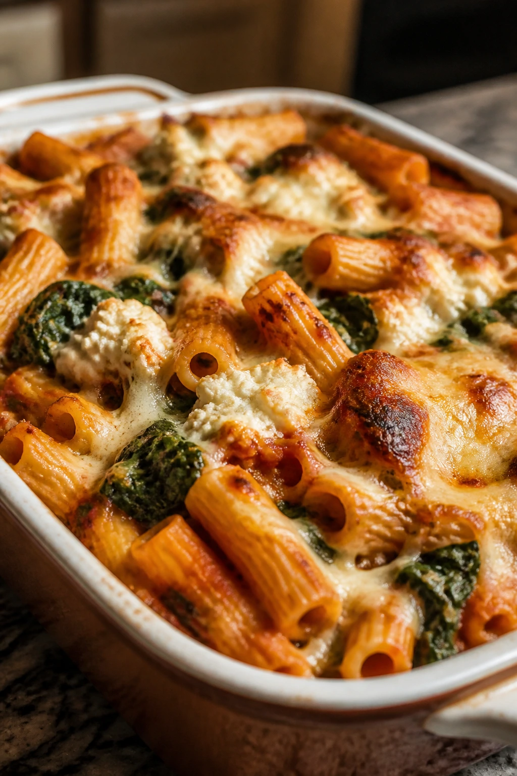 Baked ziti with spinach and ricotta in baking dish