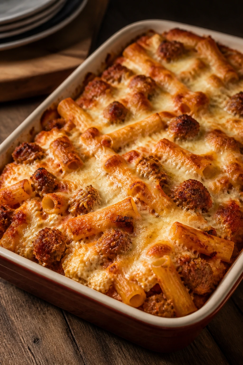 Close-up of baked ziti with sausage and three cheeses in a casserole