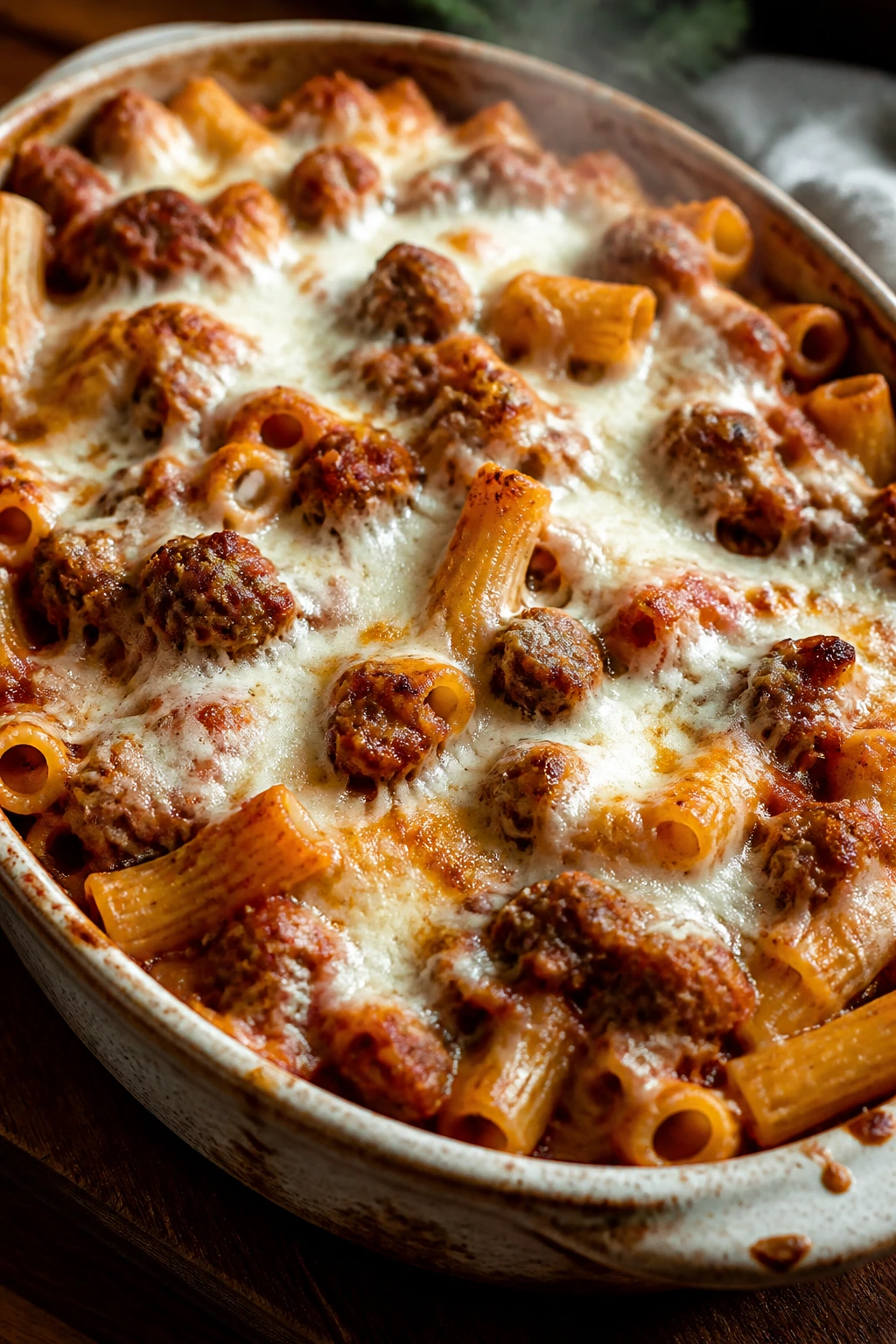 Close-up of baked ziti with Italian sausage and mozzarella in a rustic baking dish, bubbling with tomato sauce and cheese