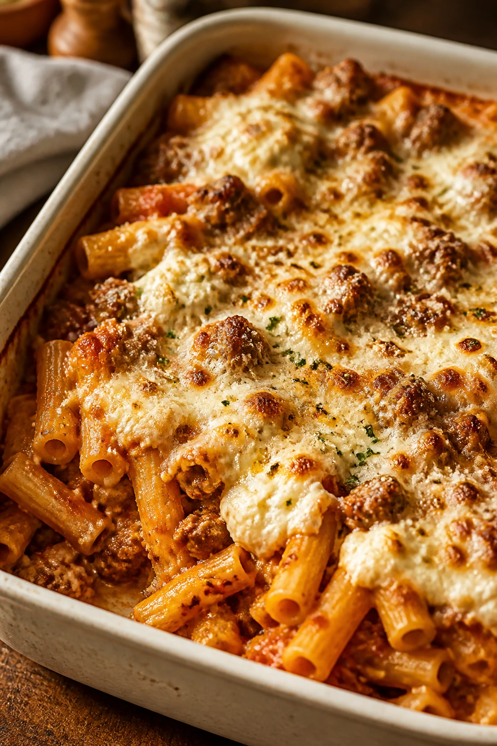 Close-up of baked ziti with sausage and ricotta