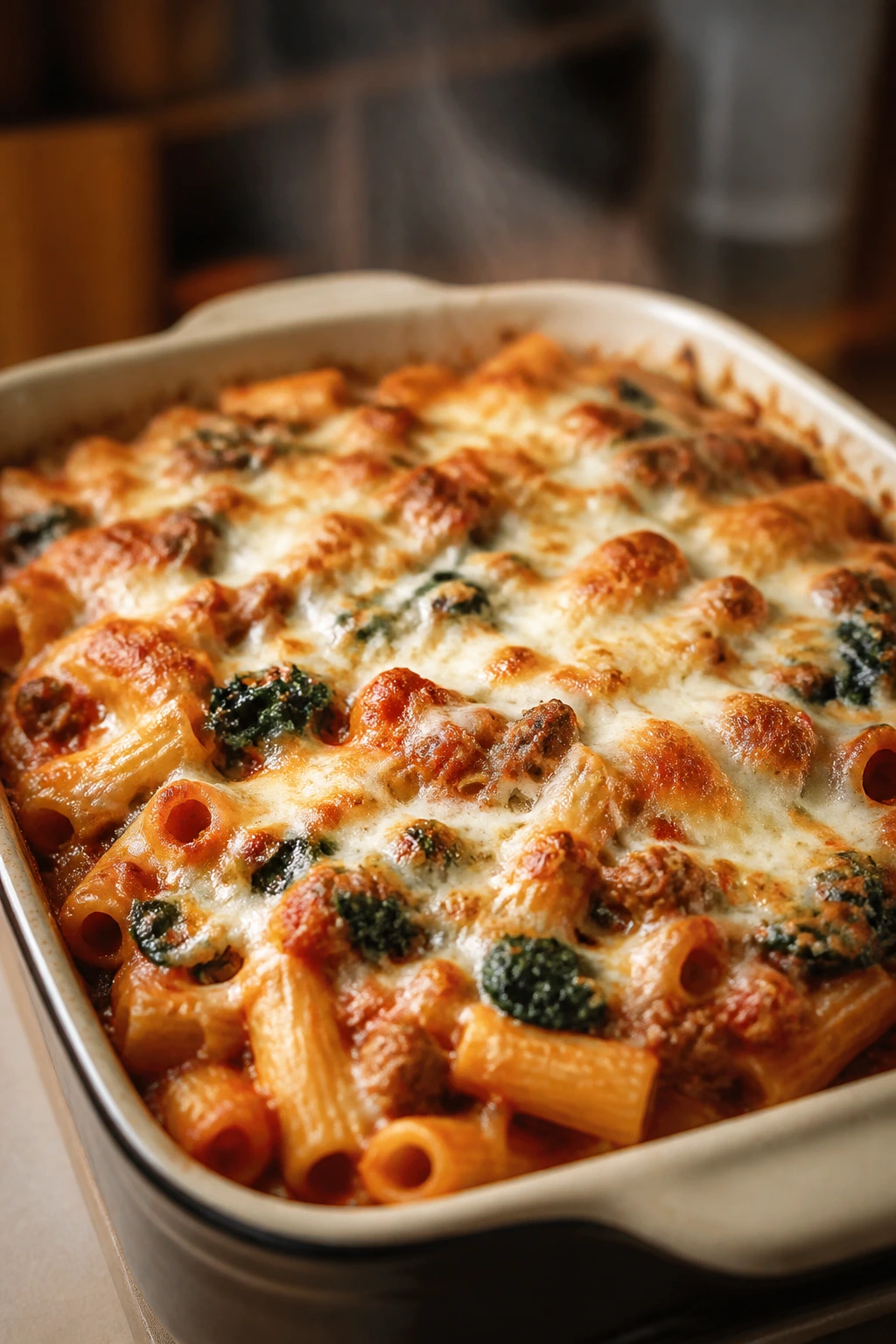 Baked ziti in bubbling square dish with sausage and spinach