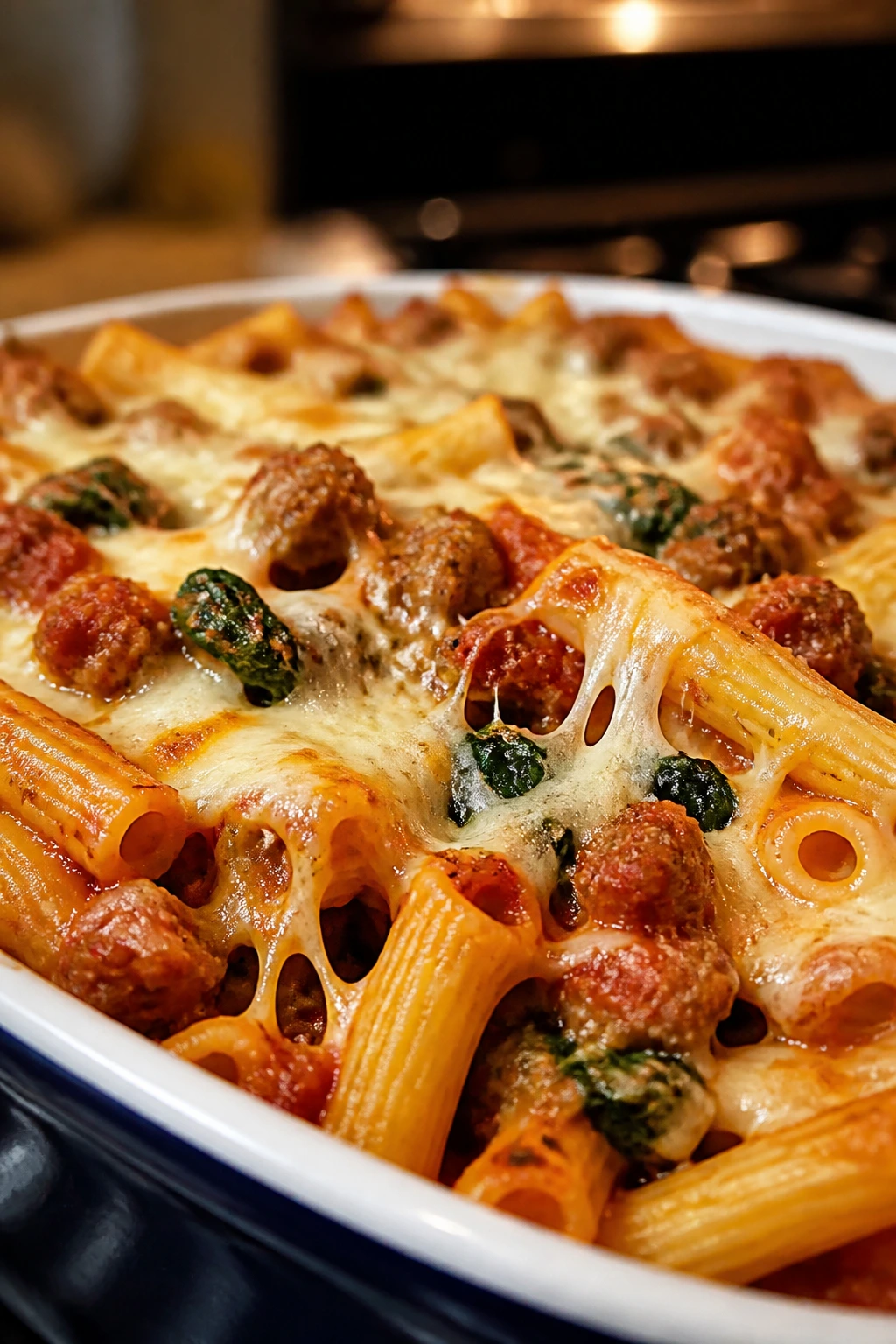 Close-up of baked ziti with sausage and spinach and melted cheese