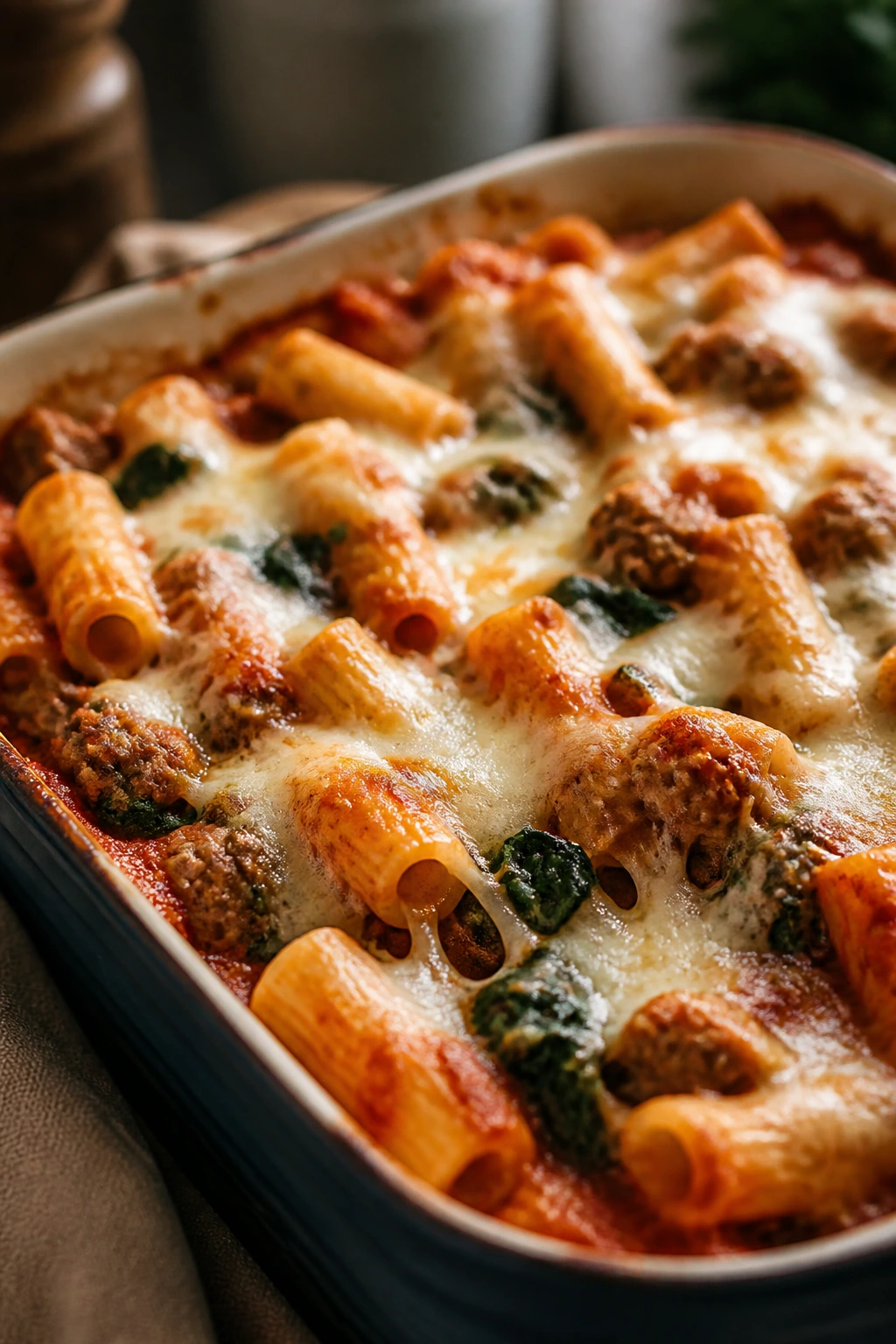 Baked ziti with sausage and spinach bubbling in a pan