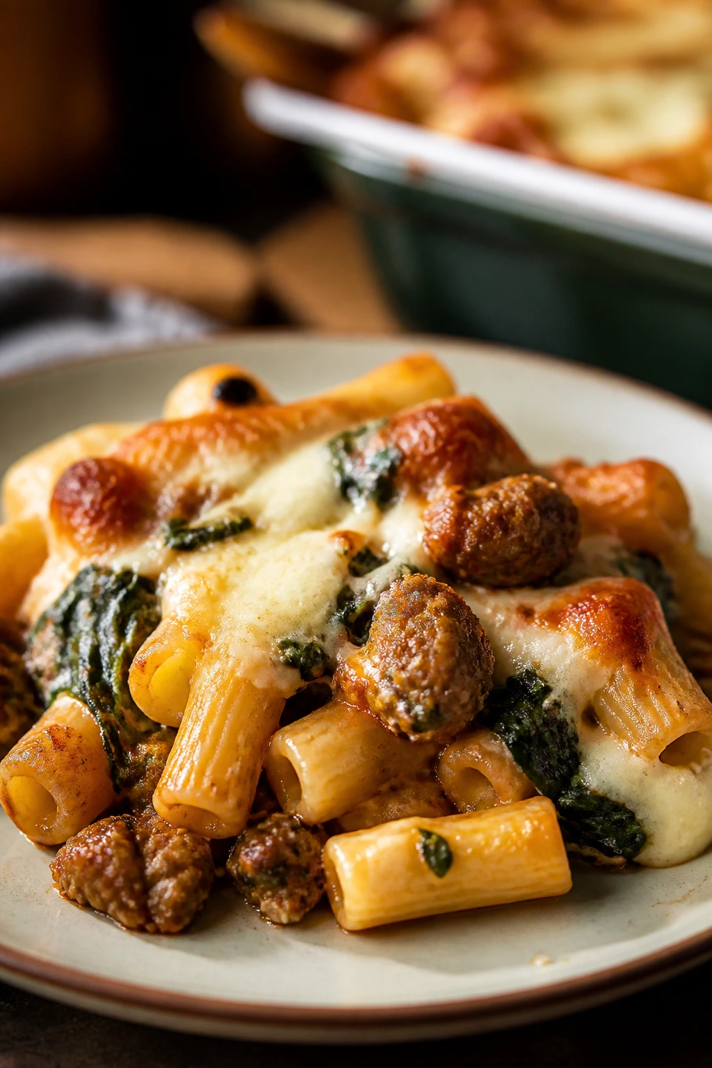 Close-up of baked ziti with sausage and spinach on plate