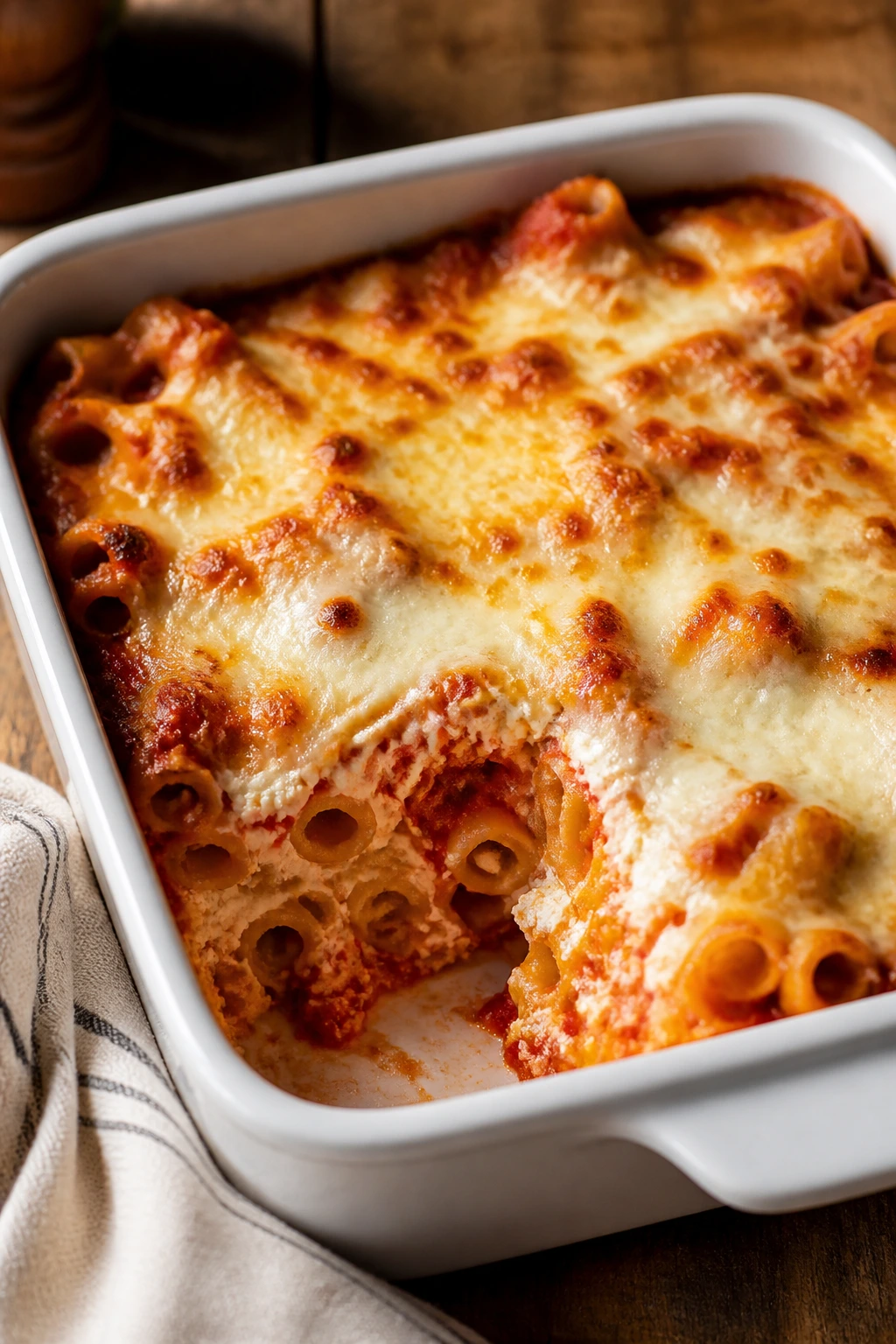 Small baked ziti in a small baking dish with golden cheese