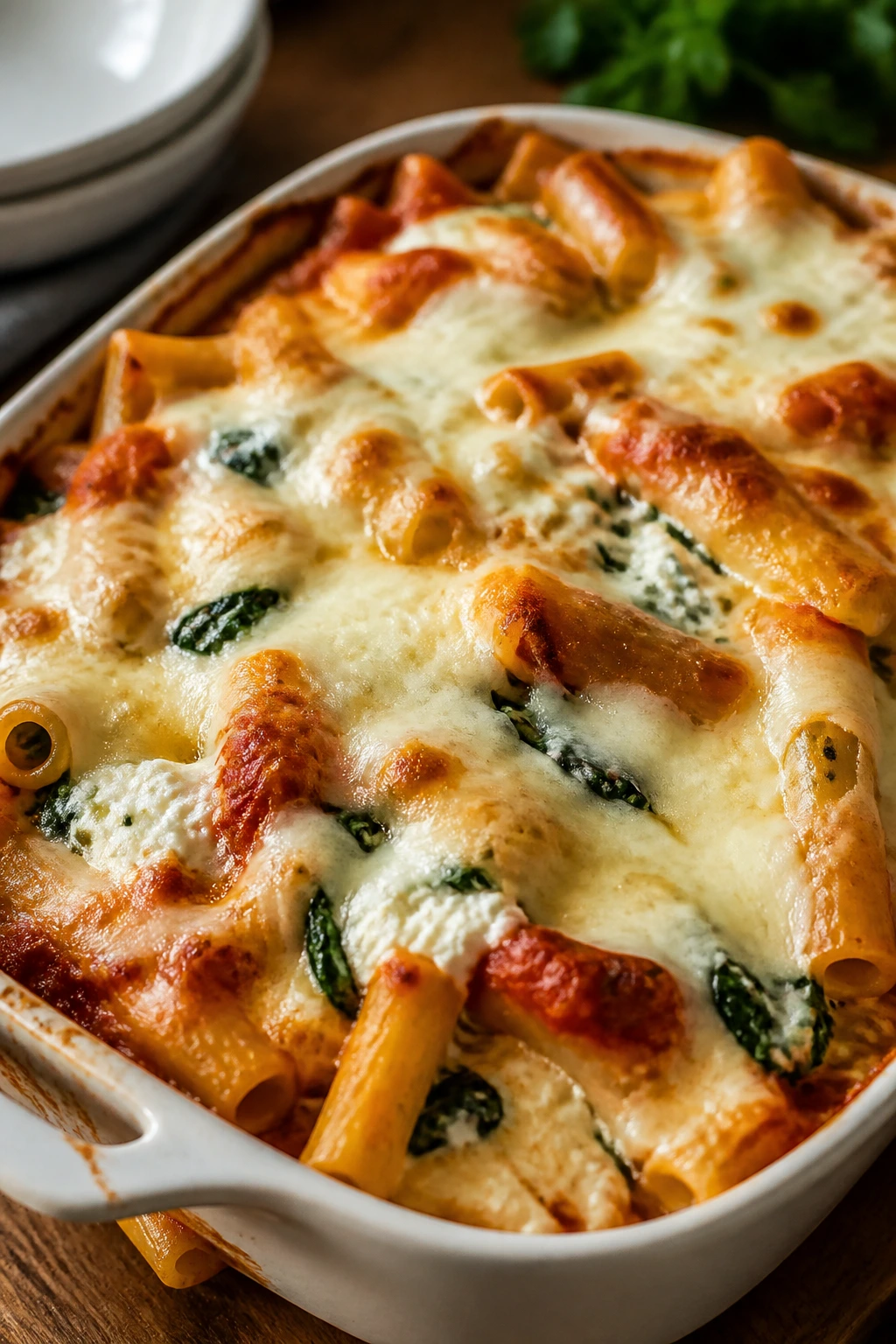 Baked ziti with spinach and ricotta in a baking dish