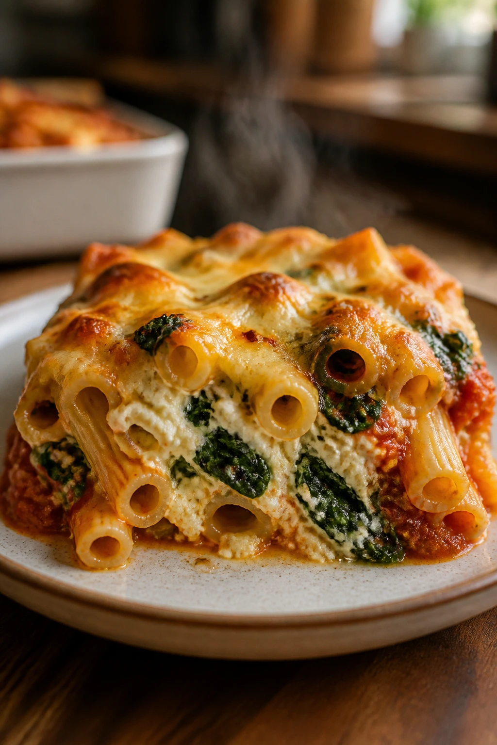 Close-up of baked ziti with tofu ricotta and spinach on a plate