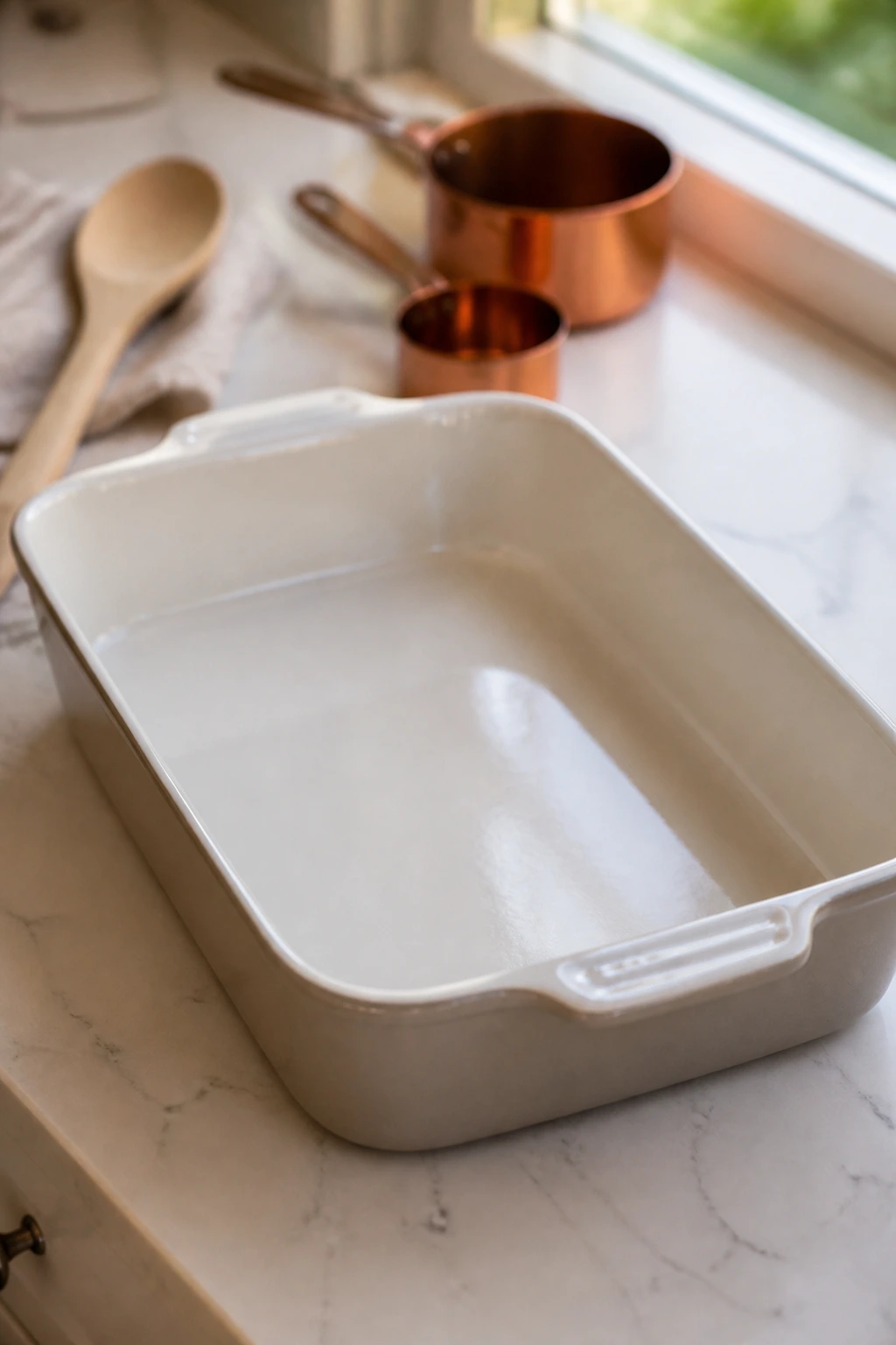 9x13 baking dish centered on kitchen counter