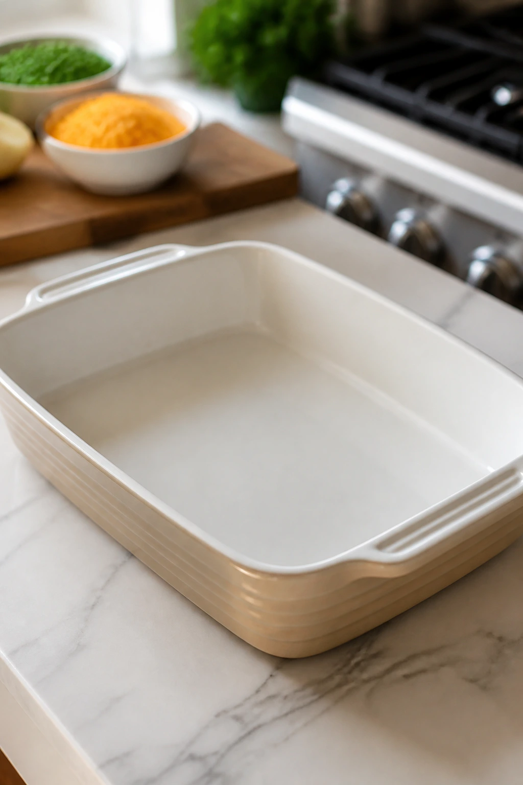 9x13 baking dish centered on a bright kitchen counter