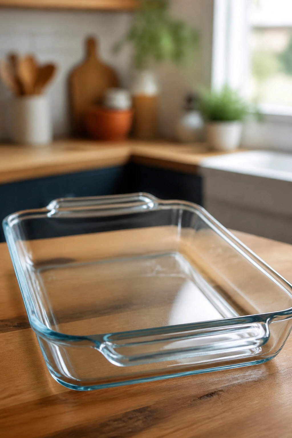Shiny 9x13 baking dish on a wooden kitchen counter