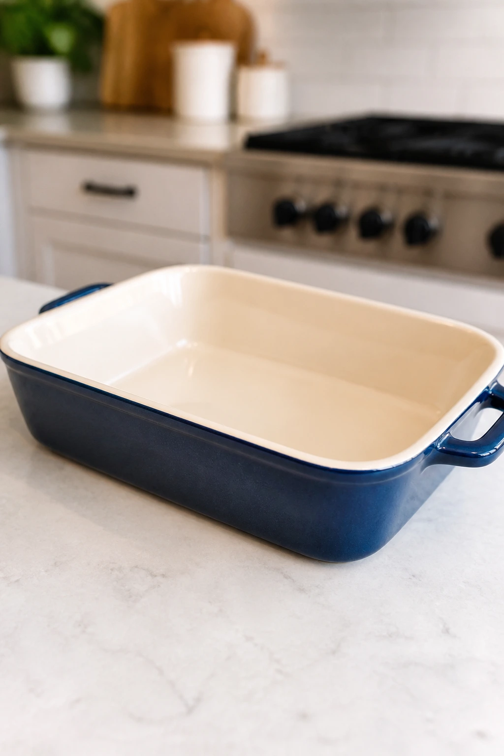 Close-up of a 9x13-inch baking dish on a kitchen counter