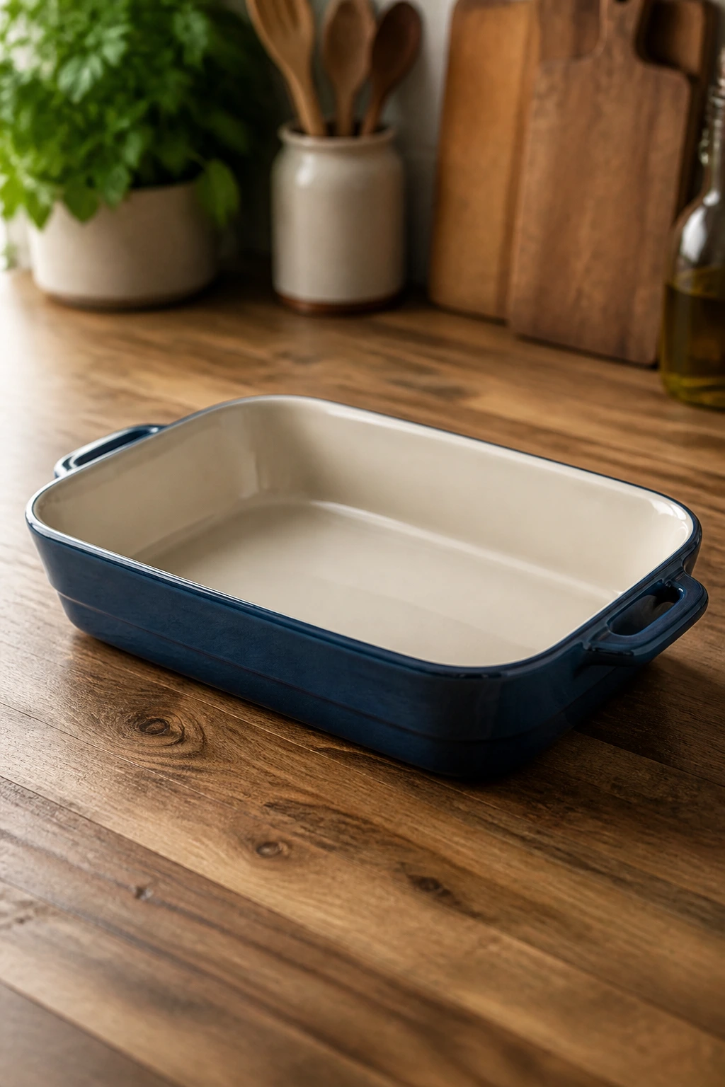9x13 baking dish centered on counter, clean and ready for baking.