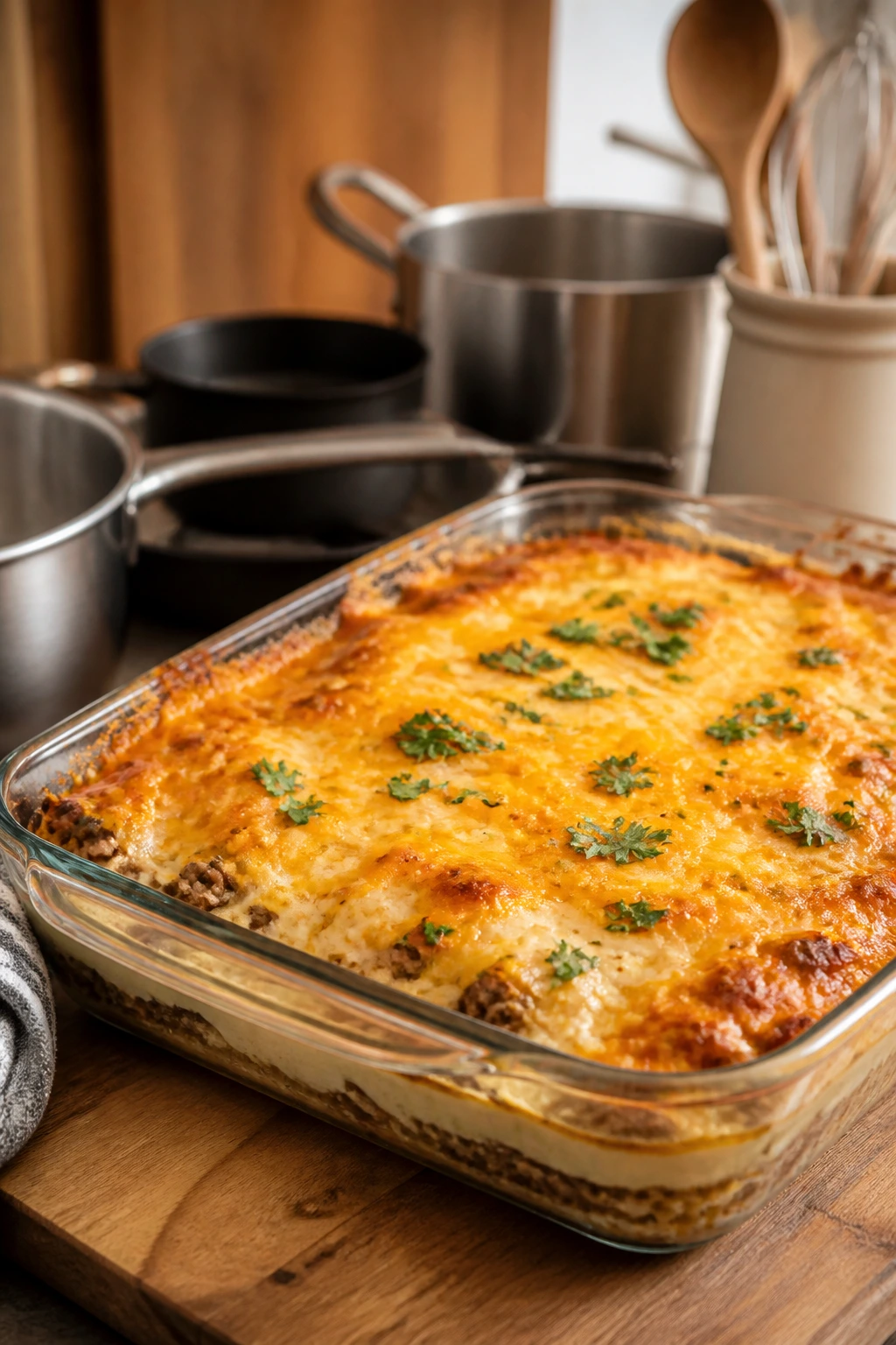 9x13 baking dish with casserole on a wooden counter