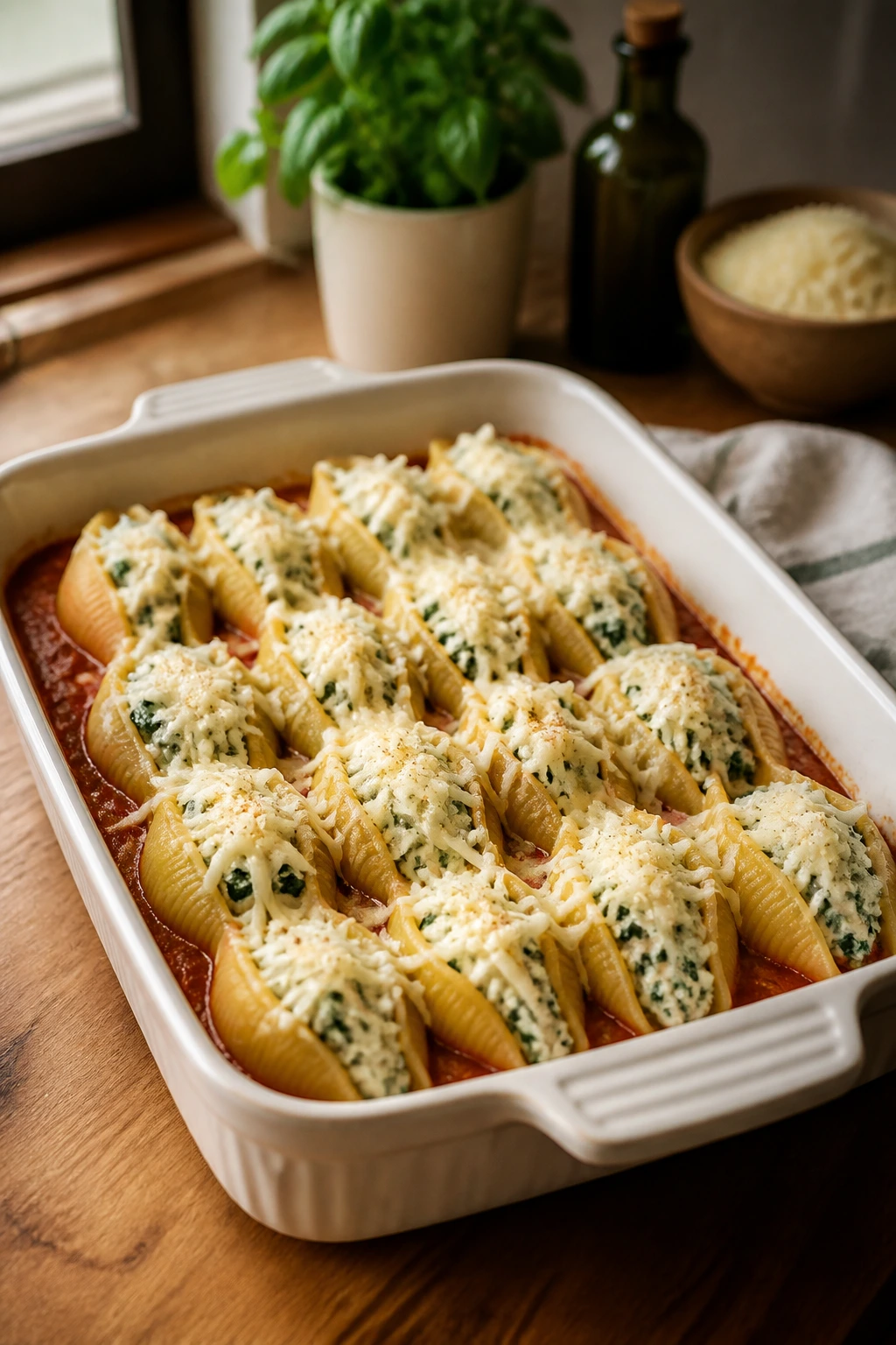 9x13 baking dish with stuffed shells on kitchen counter