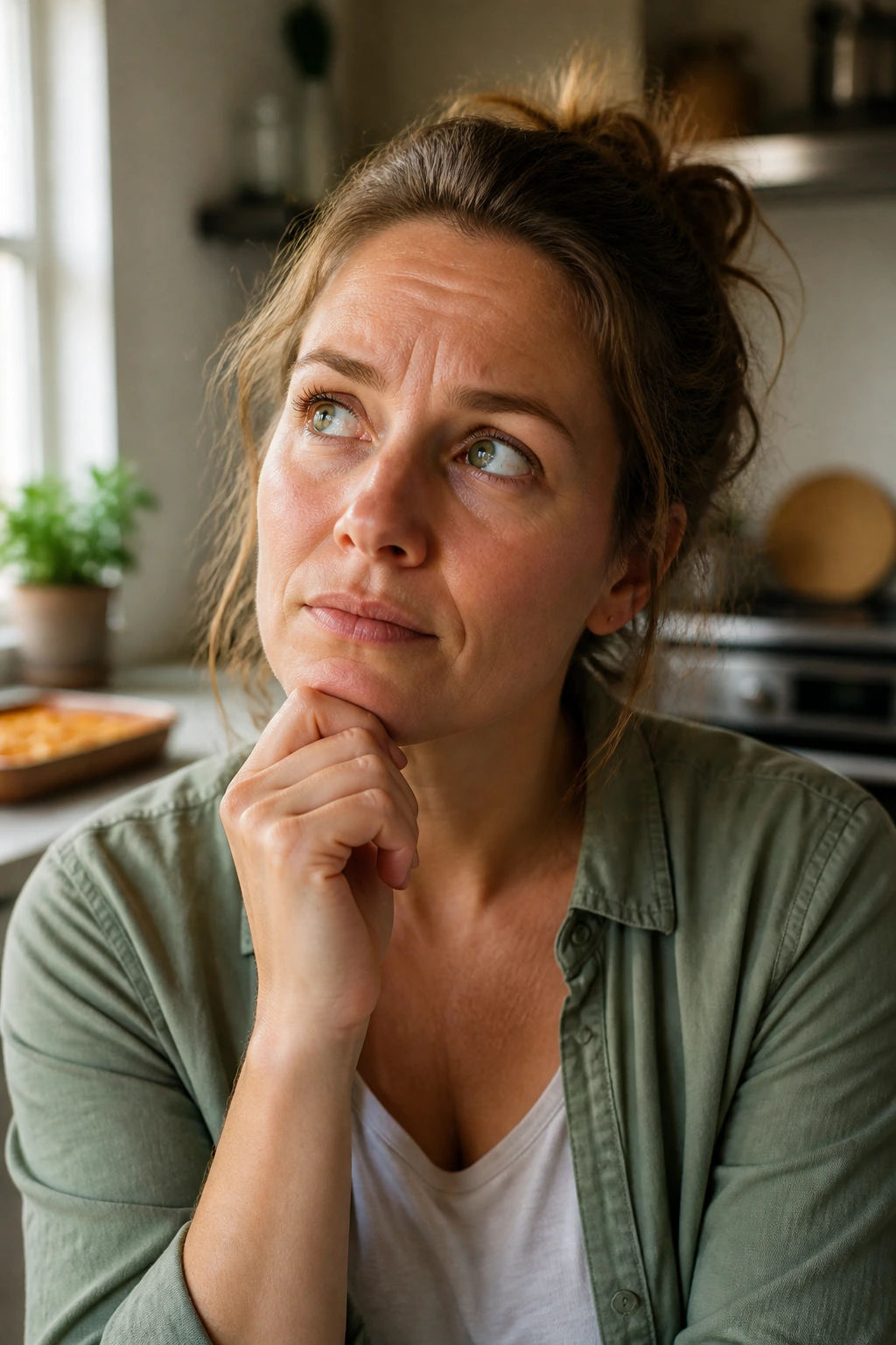 Portrait of a real home cook in a kitchen with a thoughtful expression