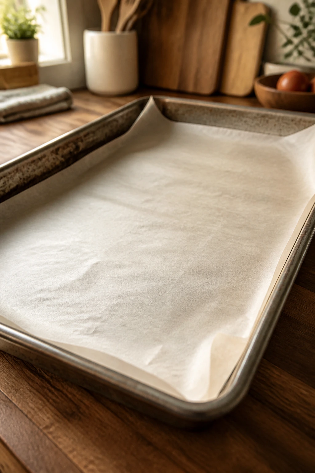 Close-up of a large rimmed baking sheet as essential equipment for stromboli recipes