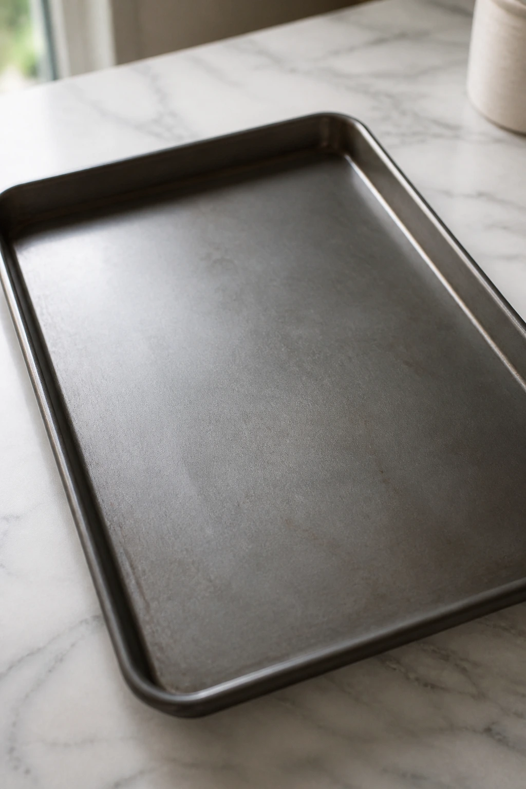 Rimmed baking sheet on kitchen counter