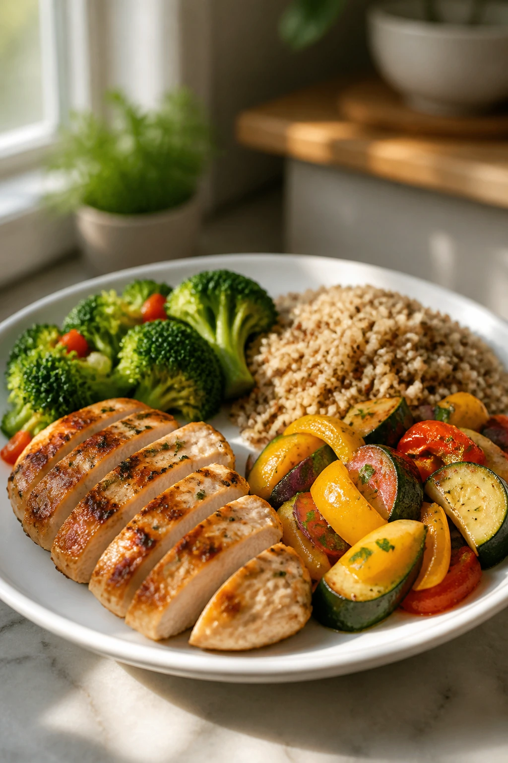 Balanced dinner plate with lean protein, vegetables, and grains
