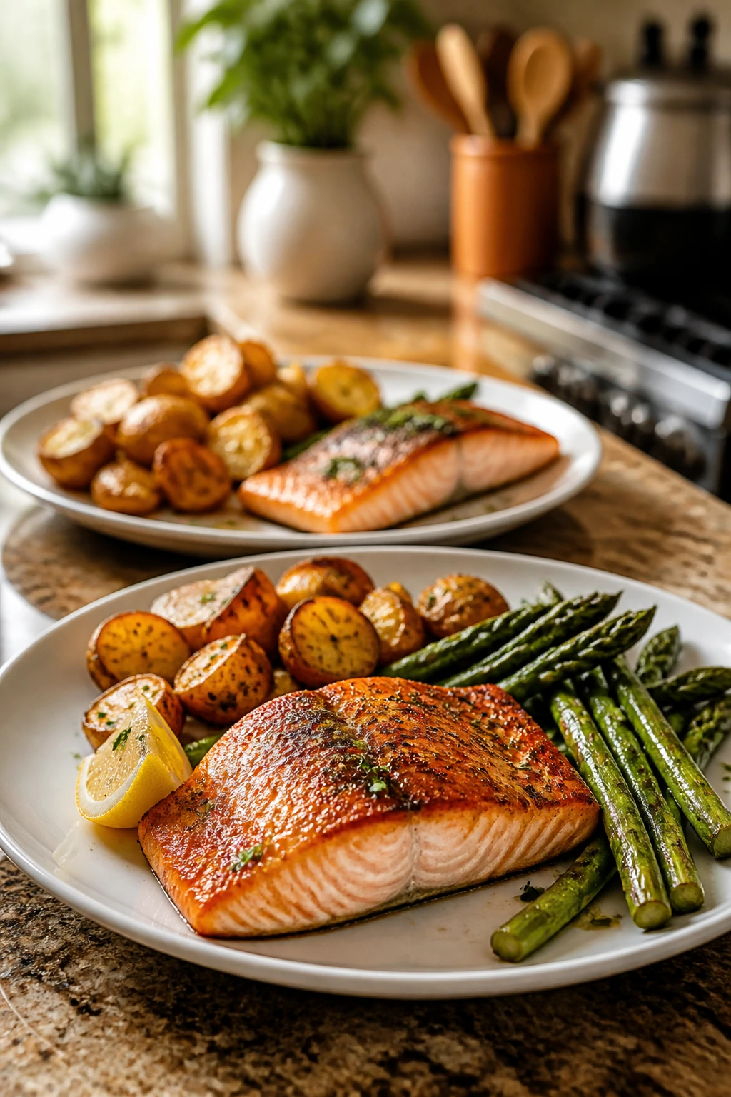 Close-up plate with balanced portions of protein and vegetables on a warm kitchen counter.