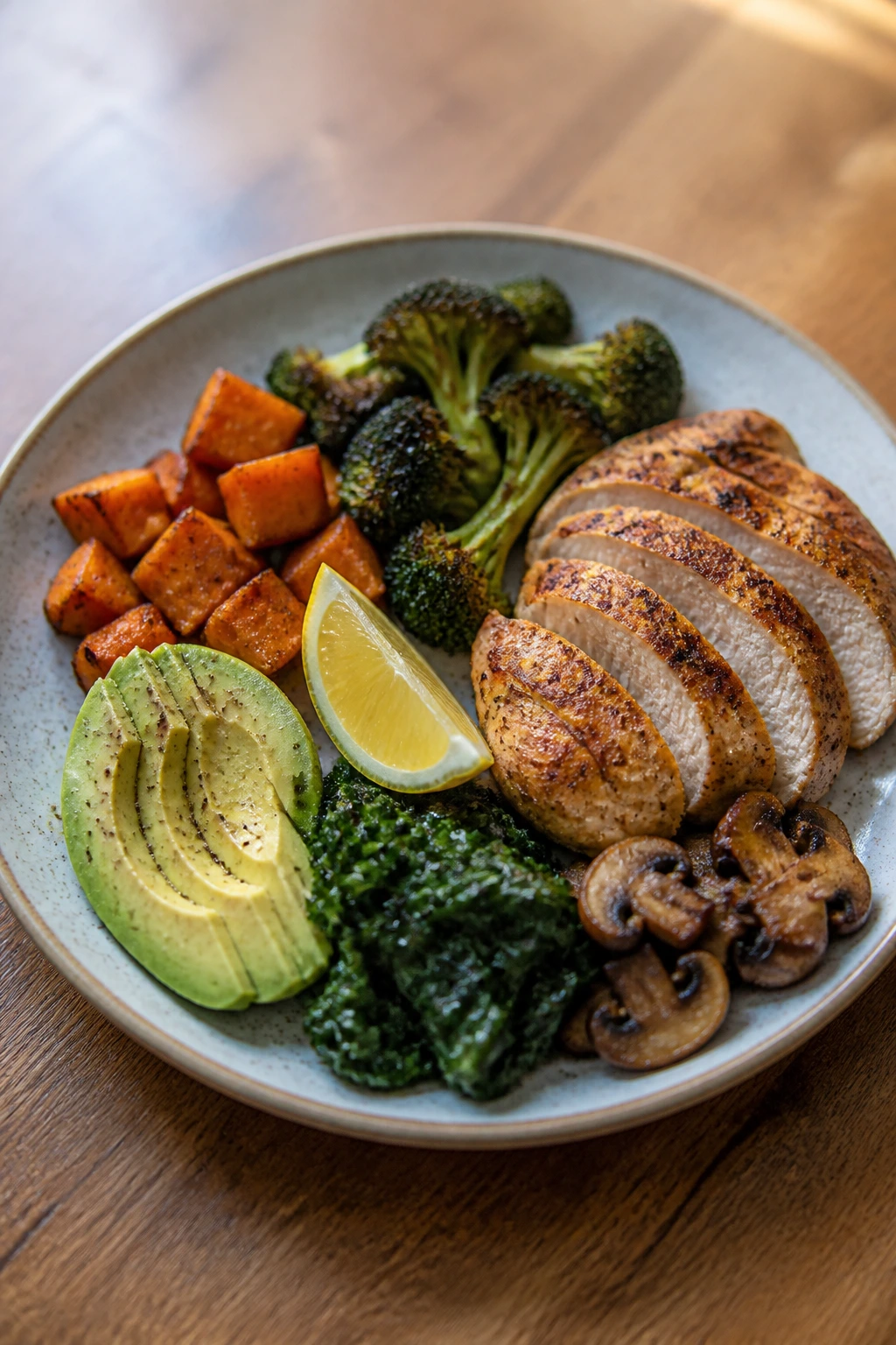 Plate with balanced Whole30 dinner featuring protein, vegetables, fats, and acid elements