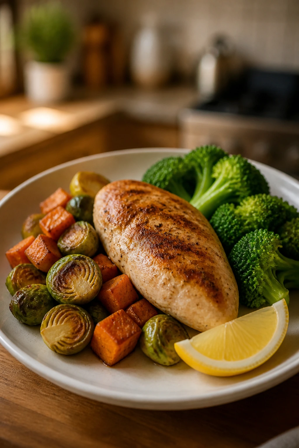 Well-balanced plate with protein center and vegetables