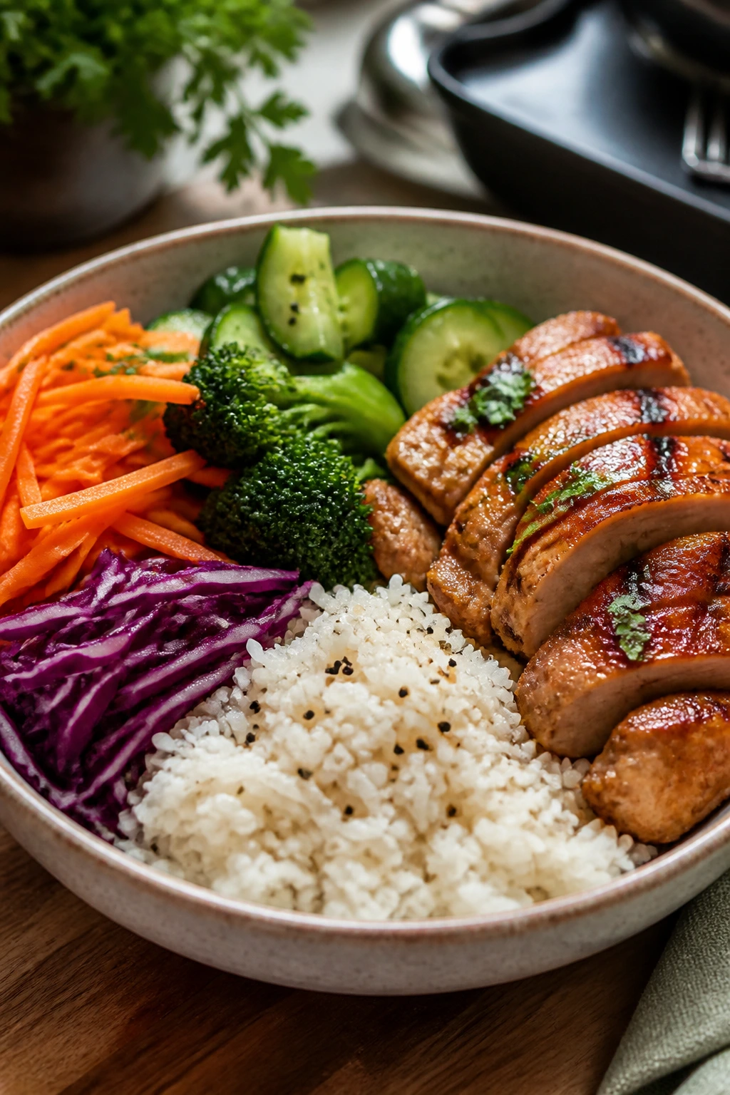 Balanced rice bowl showing crisp vegetables and well-seasoned rice
