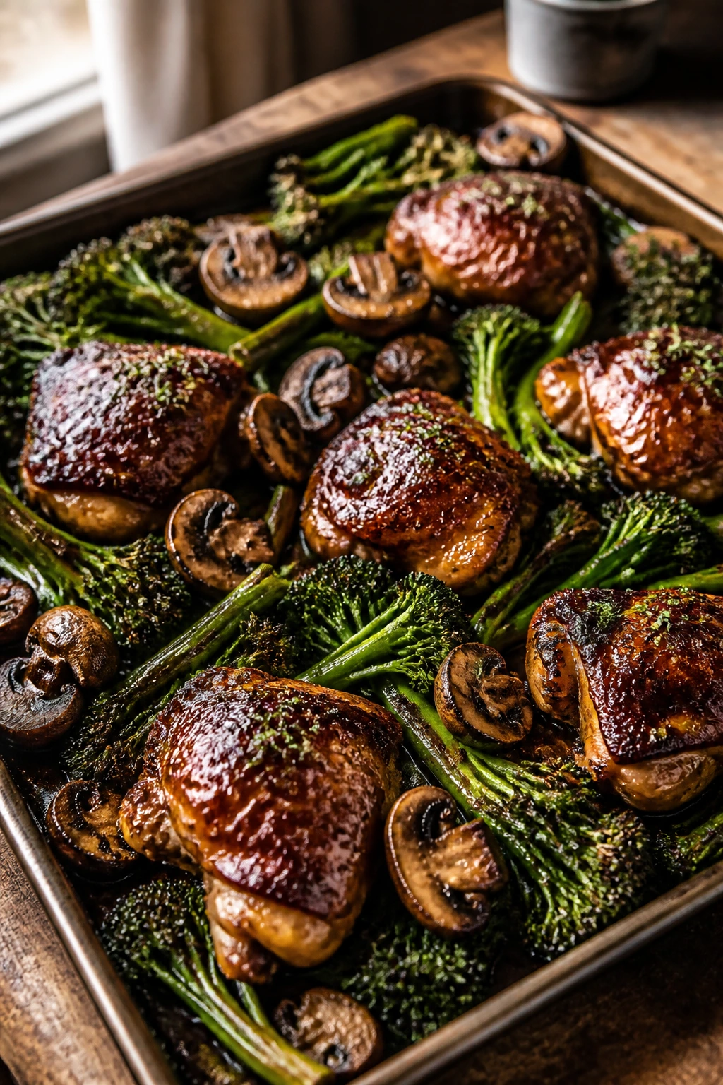Close-up of balsamic-glazed chicken thighs with mushrooms and broccolini on a sheet pan