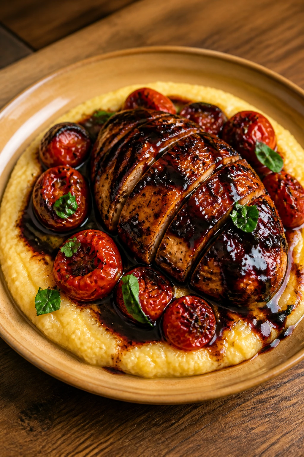 Balsamic glazed chicken with roasted tomatoes and creamy polenta on plate