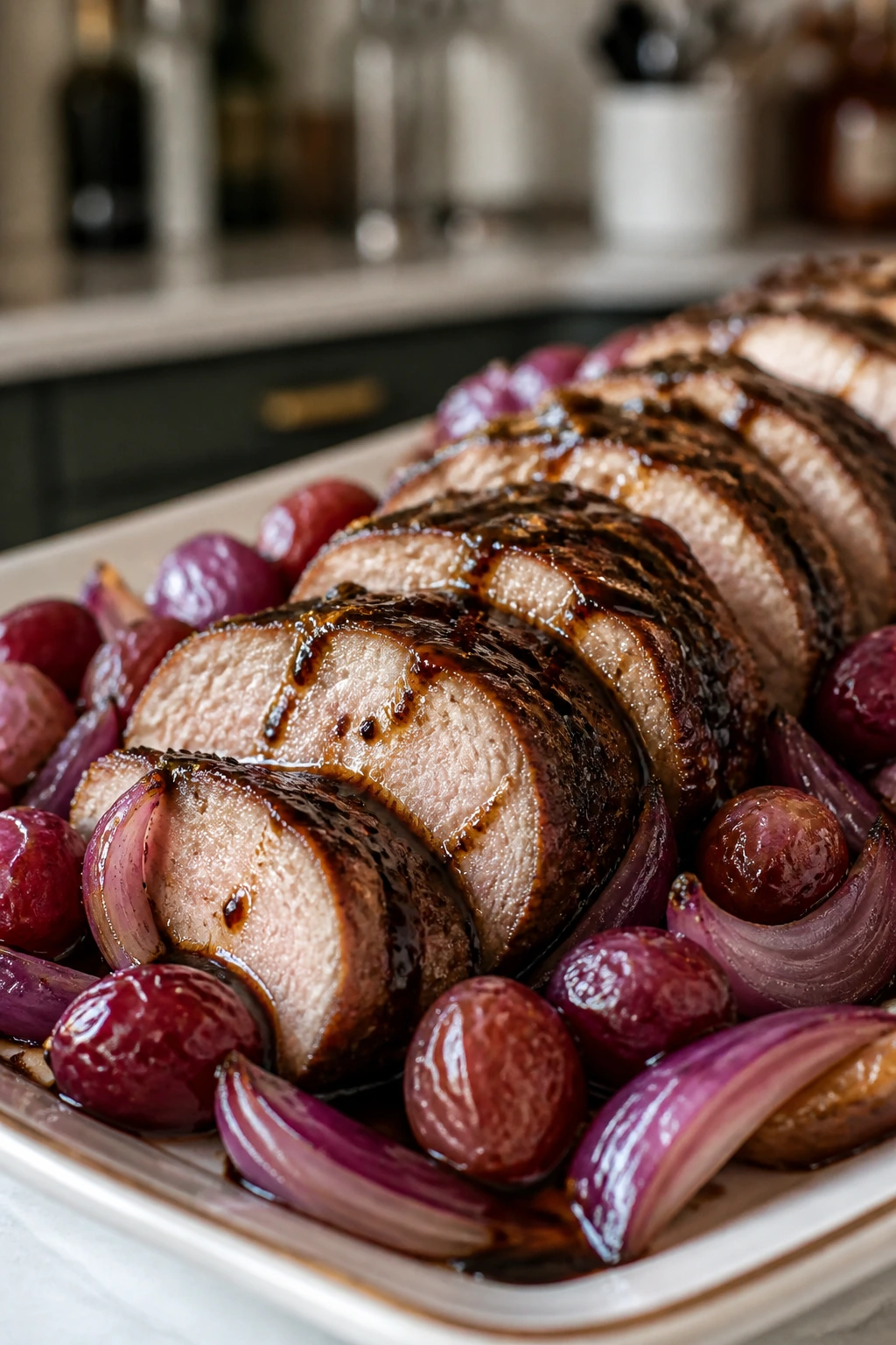 Balsamic-glazed pork tenderloin with roasted grapes and onions