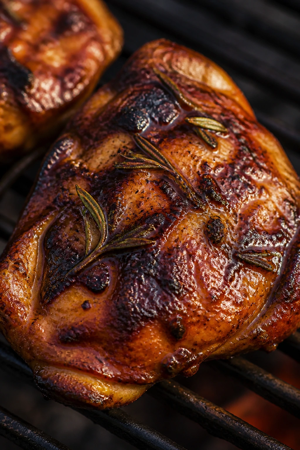 Close-up of balsamic rosemary grilled chicken with glossy lacquer