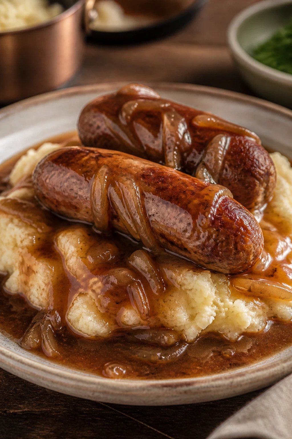 Plate of bangers and mash with onion gravy