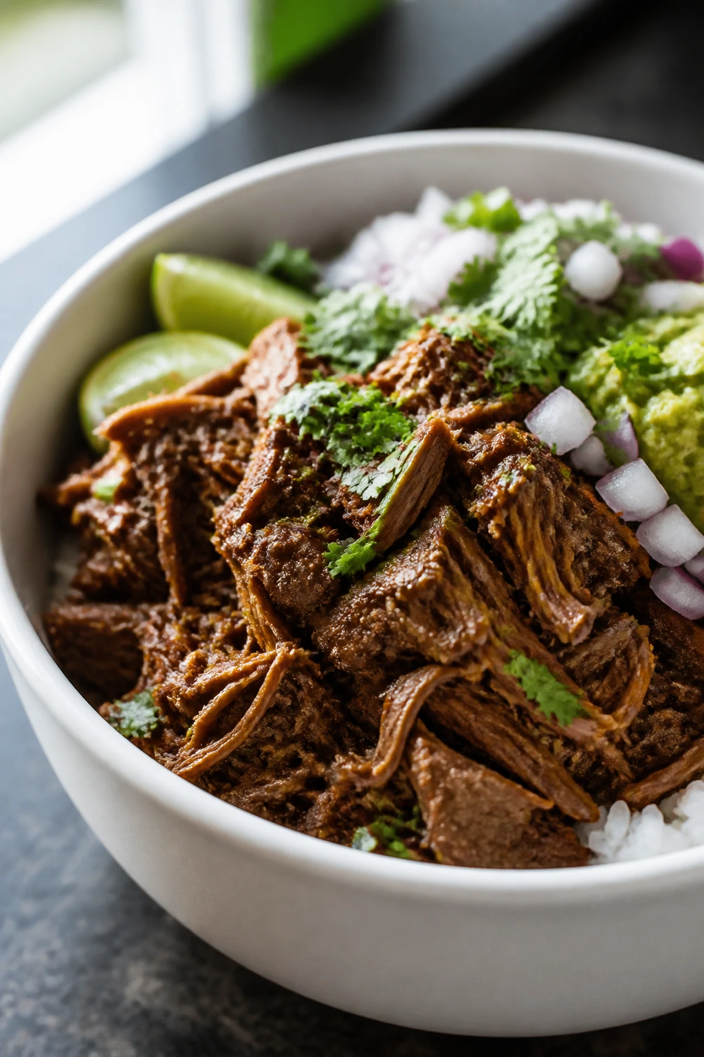 Close-up of shredded barbacoa beef in a bowl with bright light